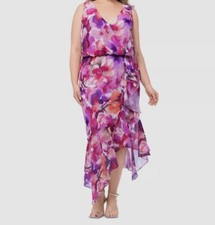 Xscape Women's Purple Floral Blouson High Low Dress Plus Size 18W