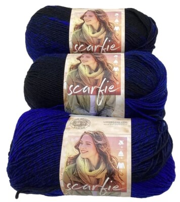 Lion Brand Scarfie Yarn ''Black/Royal'' 3 Skeins # 368