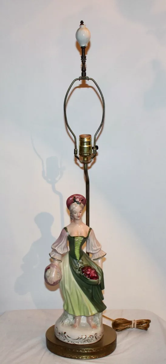 Antique Figural Table Lamp Victorian Woman Carrying Fruit Baskets