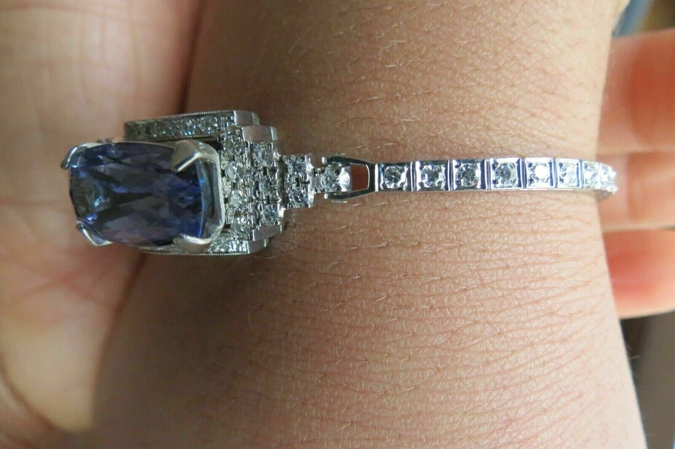 5Ct Emerald Cut Tanzanite Diamond Simulated Bracelet 14K White Gold Finish - Image 4 of 4