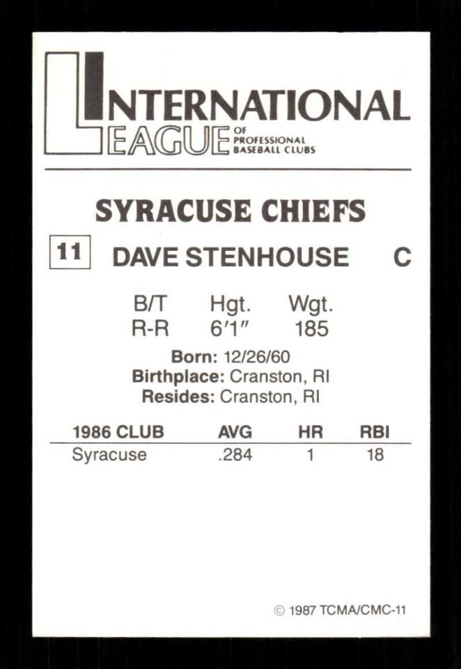 1987 TCMA Syracuse Chiefs 11 Dave Stenhouse BXCP32 - Image 2 of 2