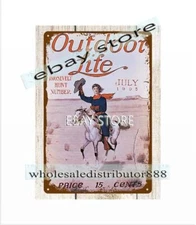 1905 rustic living outdoor cowgirl horse tin sign  hunting wildlife