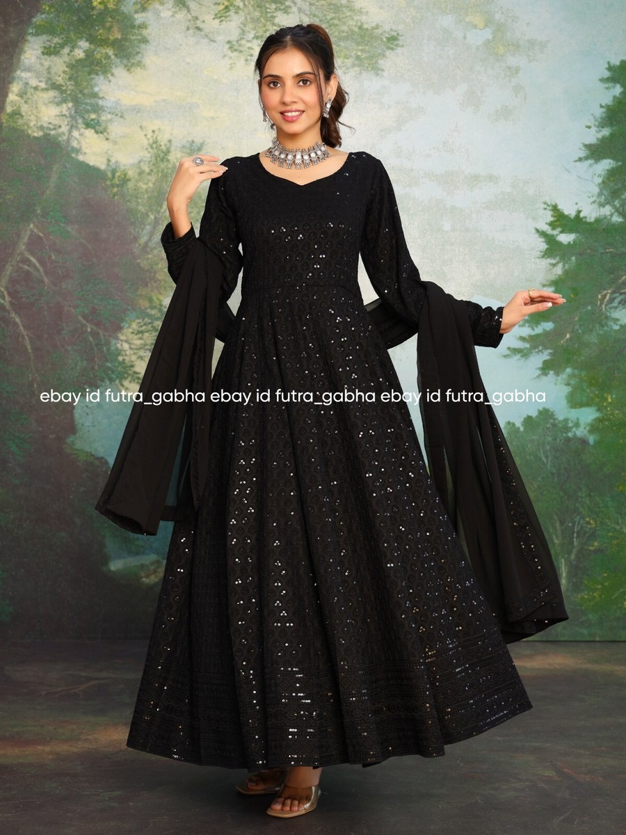 full black chikankari dress Charcoal Anarkali With Georgette Dupatta & pent for party Charming A Line Square datenight Want to see the Size:SP-Large (4X)