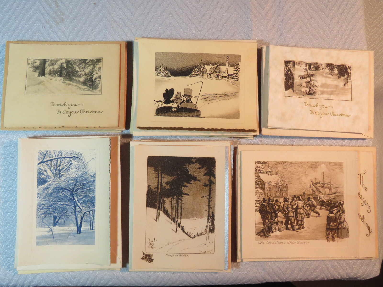 24 Vintage 1930s Unused Christmas Cards Wood Block Prints Snow Sleigh Tree Scene