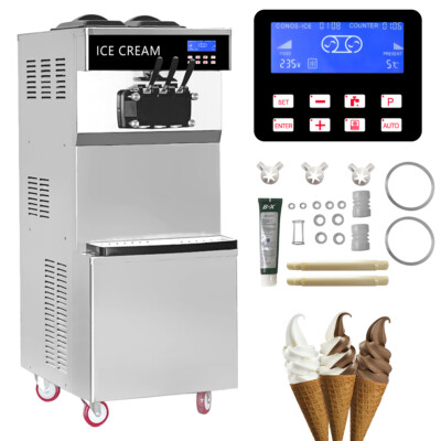 220V Ice Cream & Frozen Yogurt Commercial Soft Serve Machine 40L/H 3 Flavo