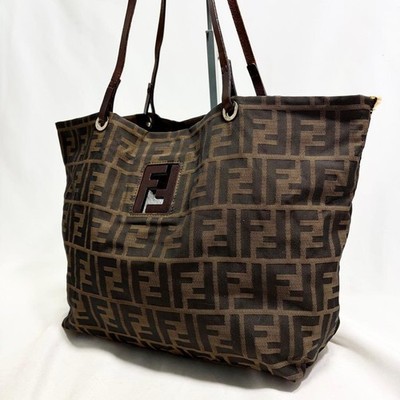 FENDI Zucchino Pattern Tote Bag Brown FF Logo Large Capacity Multi functional A4