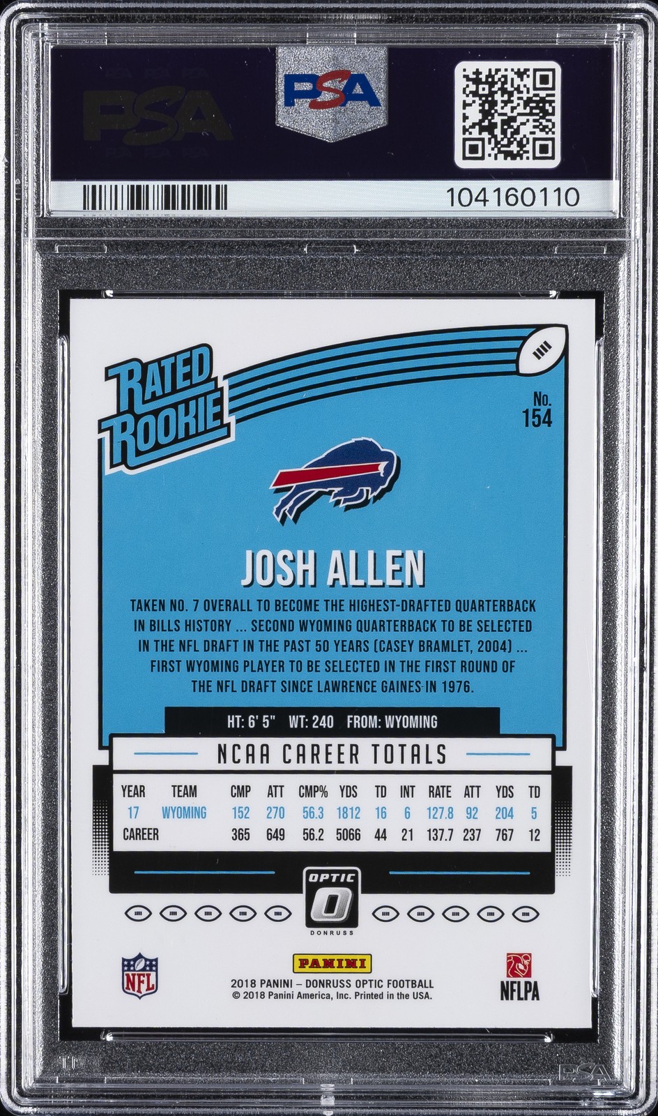 2018 PANINI DONRUSS OPTIC #154 JOSH ALLEN ROOKIE RC PSA 10 view 2