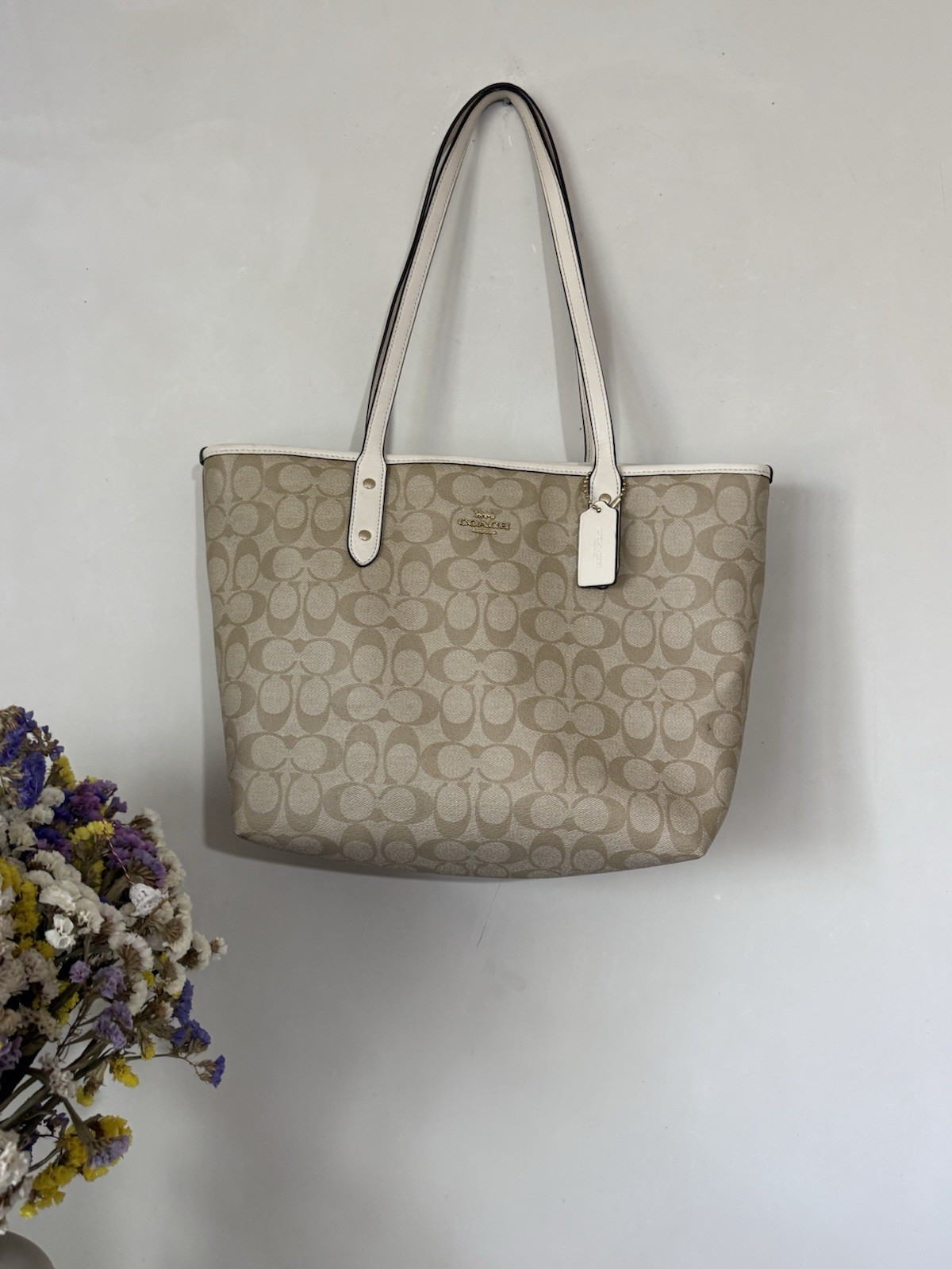 Coach Medium Signature CC Shoulder Tote Jacquard Bag Khaki/Brown