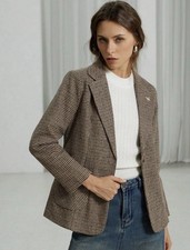 Women  s Brown Houndstooth Plaid Blazer Jacket Lapel Office Business Casual Style