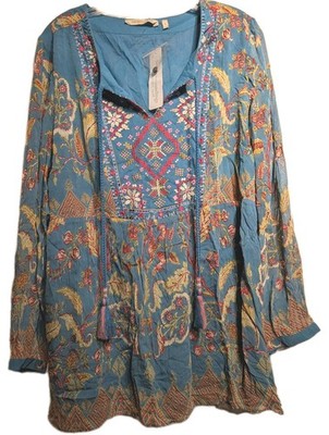 Soft Surroundings Tunic Top Women L Blue Mirapan Embroidered Boho Tassel NWT