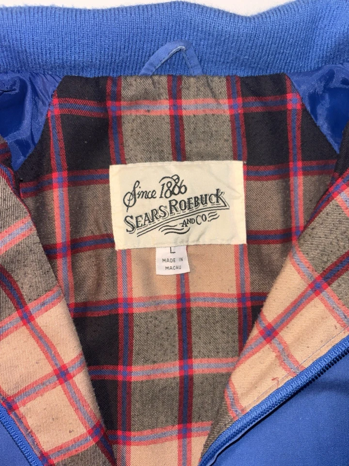 Vtg Sears Roebuck Harrington Jacket Plaid Flannel Lined 80s 90s Blue Full Zip L - Image 3 of 4