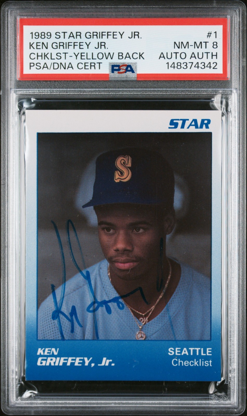 1989 Star Ken Griffey Jr #1 Checklist Yellow Back SIGNED AUTO PSA 8 PSA/DNA RC