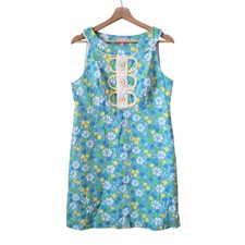 Vintage Lilly Pulitzer Blue Floral Cotton Shift Dress Sz 10 Sleeveless Retro 70s