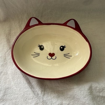 Vintage Kitty Cat Food Water Bowl Trinket Dish Tray Ceramic Red 5.5x4 Inches