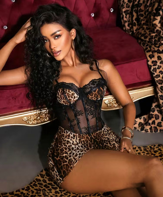 NEW 2-Piece Small w Black Lacy Top. Wild Sexy Leopard Bodycon Lingerie.