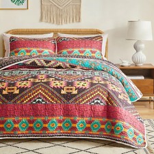 2 Pieces Colorful Boho Quilt Set Twin Size, Burgundy n Brown Bohemian Striped...