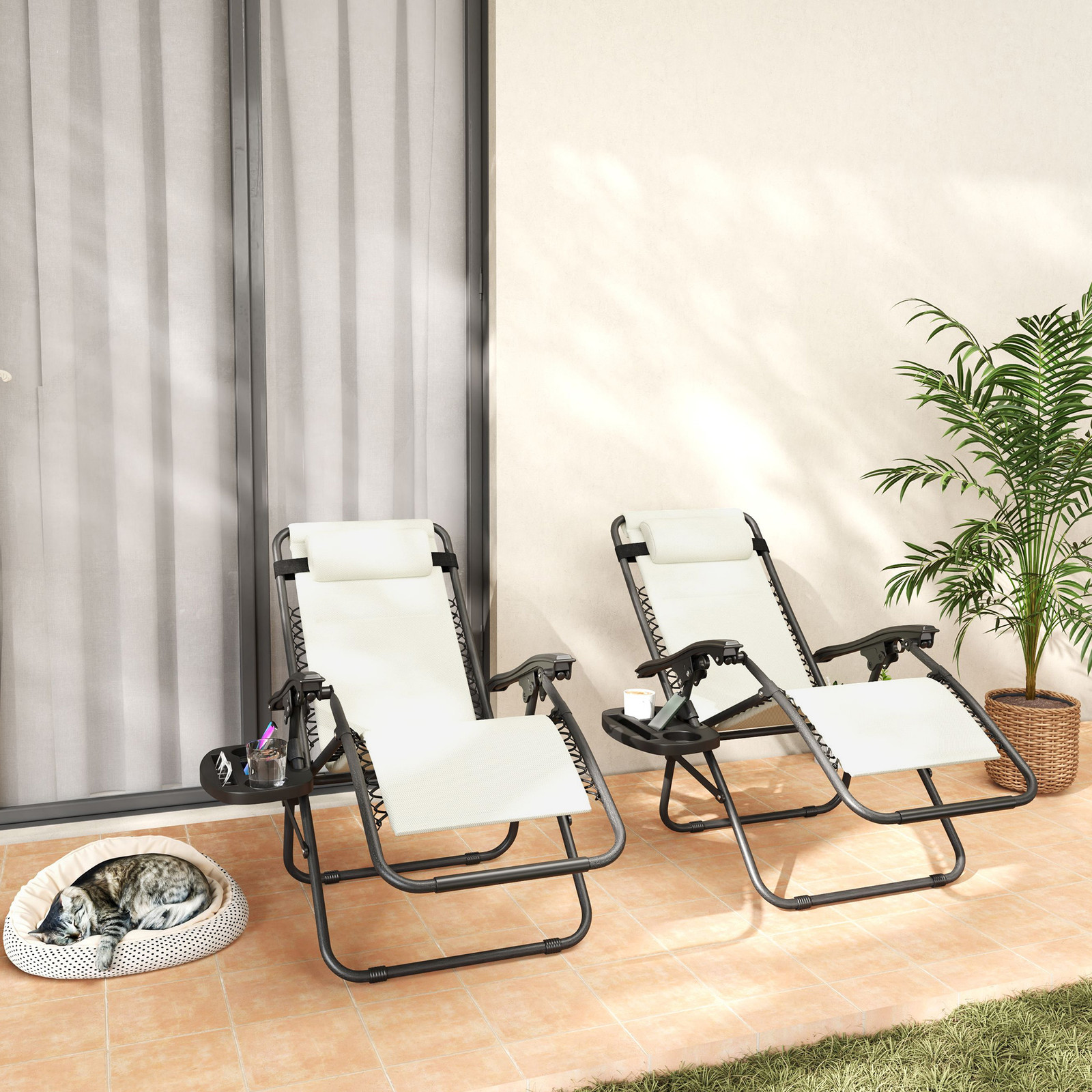 Zero Gravity Chairs Set of 2 Reclining Folding Outdoor Lounge Chairs Cream White