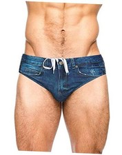 Men's Swim Brief Denim Print Swim Trunks Drawstring Waist Medium Navy Blue