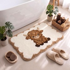 Highland Cow Bathroom Rug, Brown White Flocked Western Cow Bath Mat with Scal