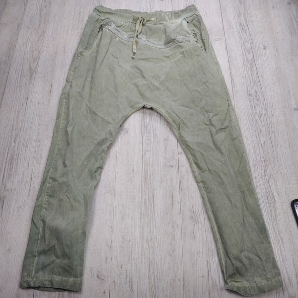 Amici Women’s Cotton Blend Pants 27" Casual Zipper Details Stretch Green Italy