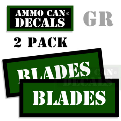 BLADES Ammo Can 2x GREEN Labels Ammunition Case 3''x1.15'' sticker decals 2 pack