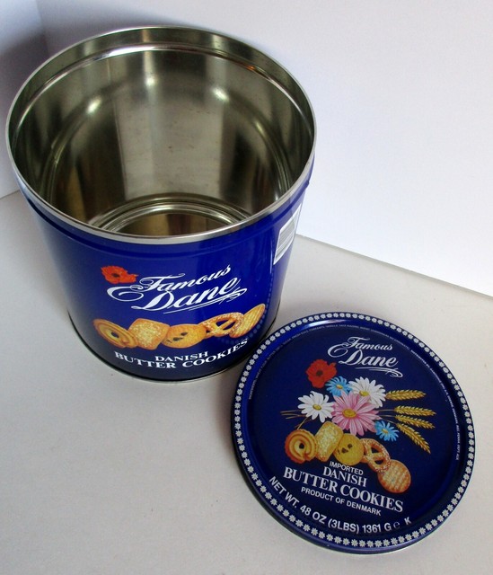 Danish Butter Cookie Tin Famous Dane Dan Cookie Denmark Blue w Flowers