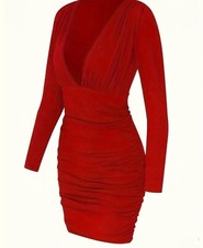 Size 8 RED ELEGANT BODYCON V NECK LONG SLEEVE DRESS with Ruched bust detail 