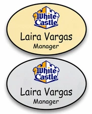 1 GOLD & 1 SILVER OVAL WHITE CASTLE PERSONALIZED NAME BADGES SAFETY PIN FASTENER