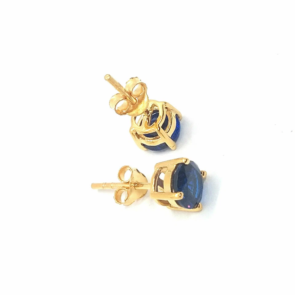 14K Gelbgold Beschichtet 2 Ct Blauer Simulierter Saphir Solitär Ohrstecker - Bild 3 von 4