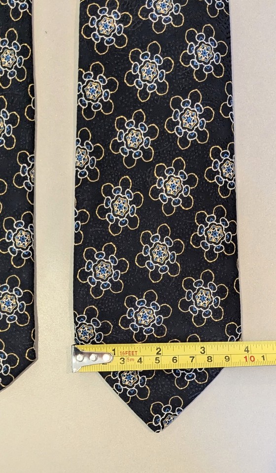 BRIONI Silk Necktie Black with Blue and Gold Geometric Flower Pattern
