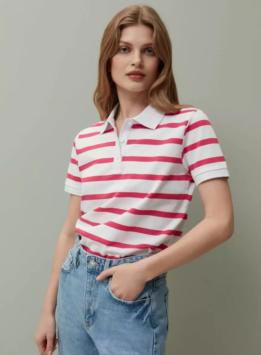Massimo Piombo Pink White Stripe Short Sleeve Pique Polo Shirt Top Womens XL eBay