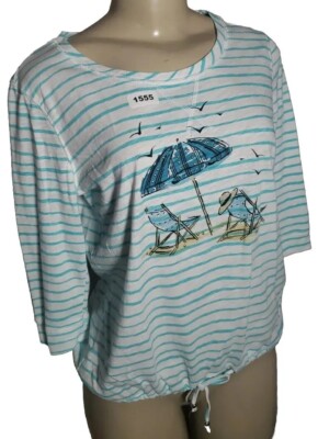 Casey Key Crop Stripe Blouse Graphic Women Drawstring Waist Medium Pullover Top