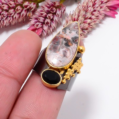 Asteroid Jasper, Black Onyx Black & Gold Plated 925 Sterling Silver Ring s.6 S27