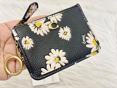 NWT Coach Mini Skinny ID Case With Daisy Floral Print Brass/ Black