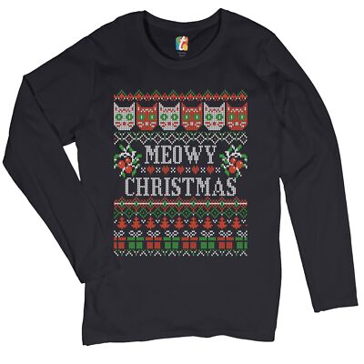 Meowy Christmas Women's Long Sleeve T-shirt Ugly Sweater Cat Lover Funny Xmas