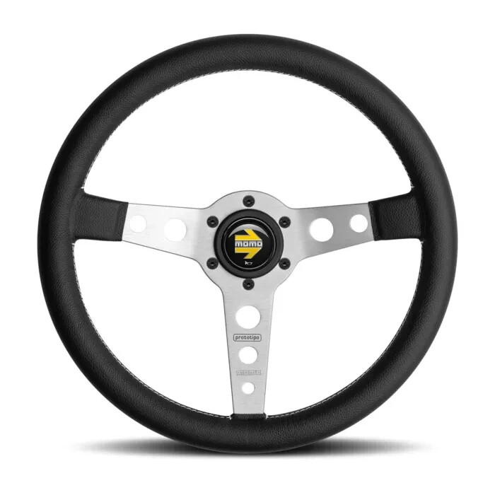 Momo Prototipo 350mm Lightweight Brushed Aluminum Black Leat