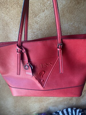 GUESS Red Tote Bag Faux Leather Large Logo Shoulder Hand