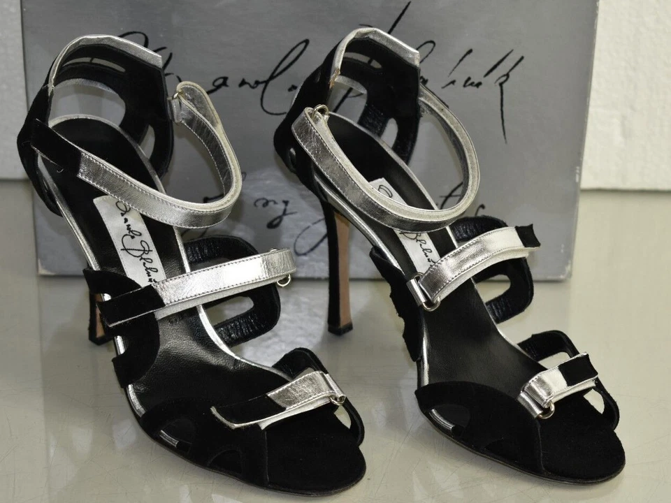 NEW Manolo Blahnik BRAZILNY Suede Sandals Shoes Black Strappy Silver Leather 38 - Image 2 of 4