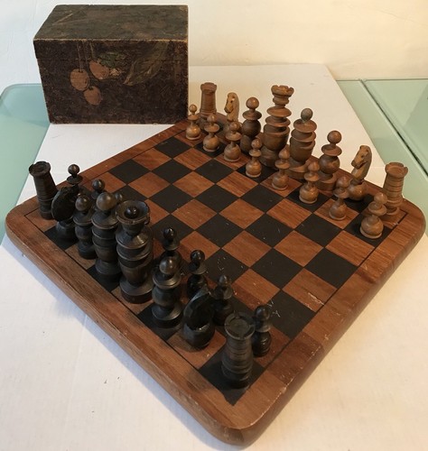 hand-carved wooden chess set in wooden box w/chess checker game