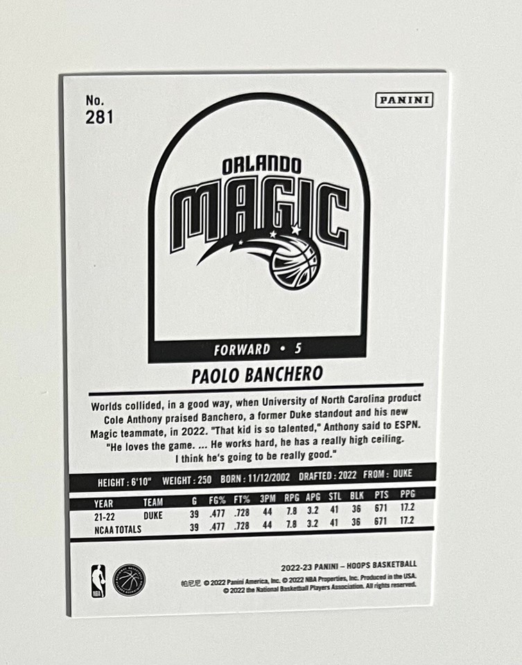 2022-23 Panini Hoops Paolo Banchero Hoops Tribute Blue #281 Orlando