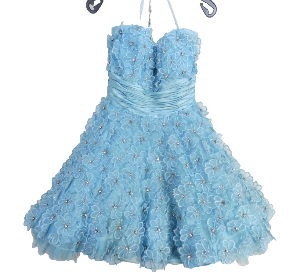 Jovani Prom Dress Strapless Fit Flare Mini Blue Applique Flowers Bustier 0 - Image 4 of 4