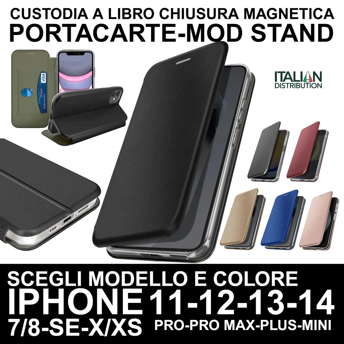 Custodia Portafoglio In Pelle Per IPhone SE 2020/7/8 (4.7") Con Supporto E Chiusura Magnetica - Nero