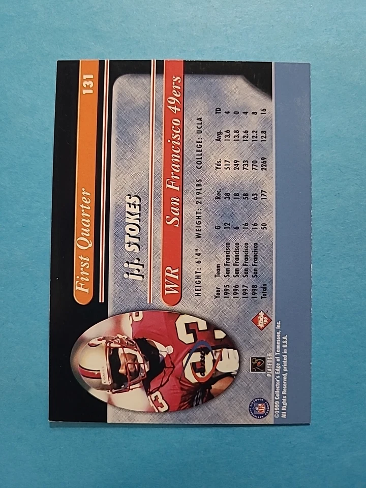 J.J. STOKES 1999 COLLECTOR'S EDGE ODYSSEY FOOTBALL CARD # 131 H5628 - Image 2 of 2