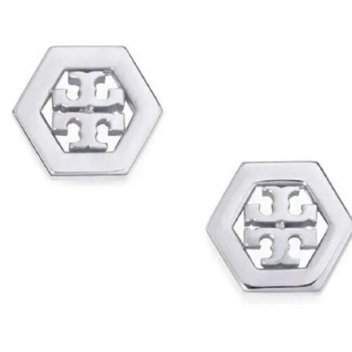 Tory Burch Silver Hexagon Logo Stud Earrings MSRP $150