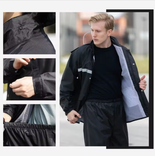 Men Black Hooded Rain Suits Jackets Pant Gear Raincoat Waterproof Outdoor Hiking - Picture 12 of 28