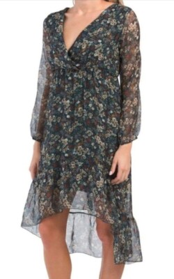 ELENA BALDI V-neck Empire Floral Hi-lo Midi Dress Green  women's  Size XS