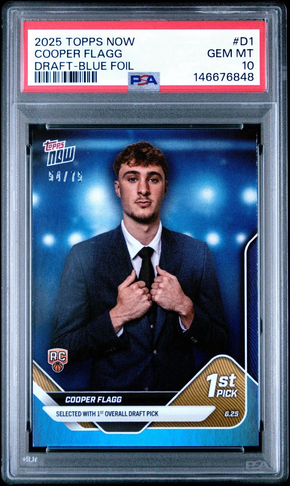 Cooper Flagg 2025 Topps NOW Basketball D1 Draft Night Blue Foil 54/75 PSA 10 RC