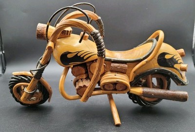 Handcarved Wooden Motorcycle Chopper Statue Harley Style Collectible Decor