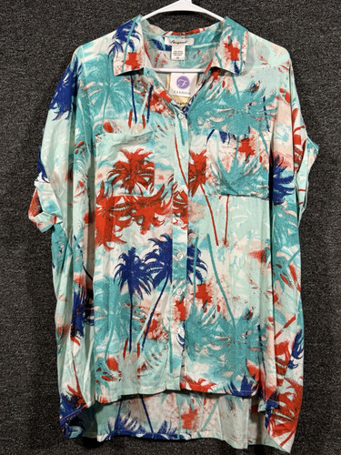Women Passport Hawaiian Shirt Collard Button Short Rolled Sleeve Size 2X