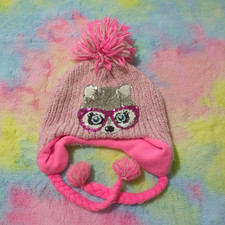 Raccoon Sequins Winter Beanie Hat Girl Youth Knit Pink Pom Pom Tassels Justice